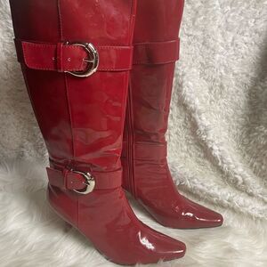 Red Patent Knee-High Buckle Boots - Women